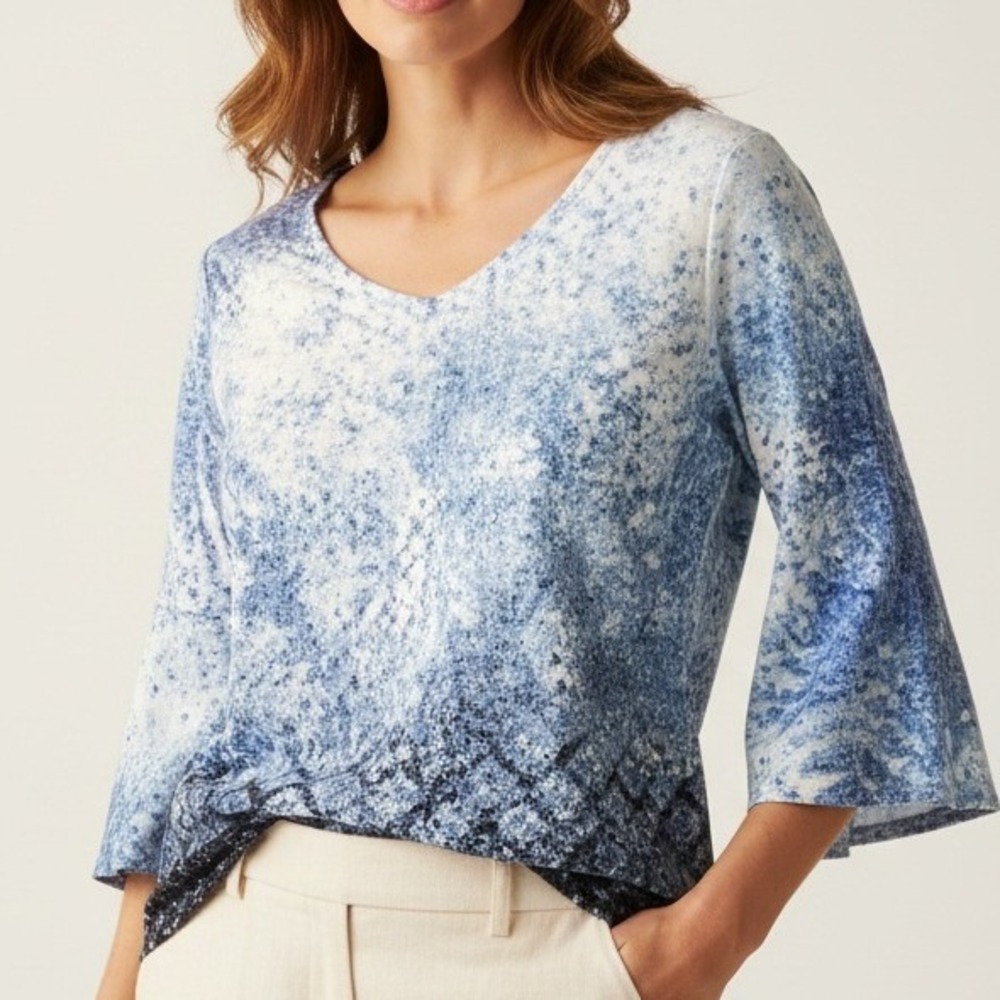 Chico's Women Abstract Print Bell Sleeve Polyester Rayon Casual Size‎ 2